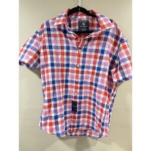 Brook Taverner Mens Luxury Pure Cotton Check Shirt Colourful Short Sleeve L NEW